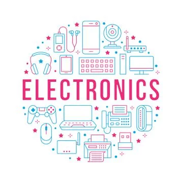 Electronics circle poster with flat line icons. Wifi internet connection Stock Illustration