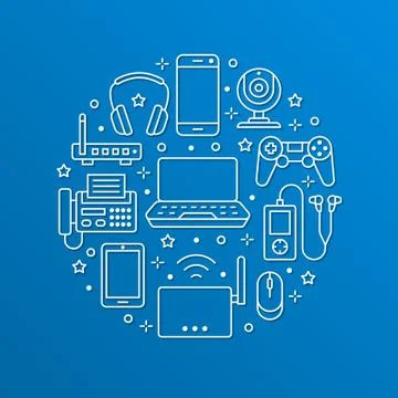 Electronics circle poster with flat line icons. Wifi internet connection Stock Illustration