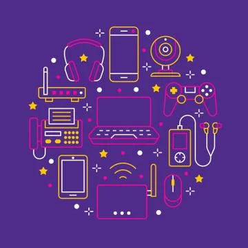 Electronics circle poster with flat line icons. Wifi internet connection Stock Illustration