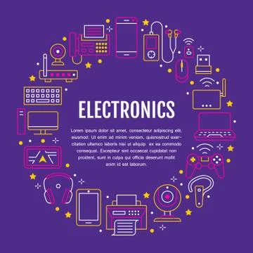 Electronics circle poster with flat line icons. Wifi internet connection Stock Illustration