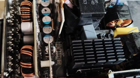 Electronics circuit board interior with capacitors and heatsink closeup 库存影片 348708841