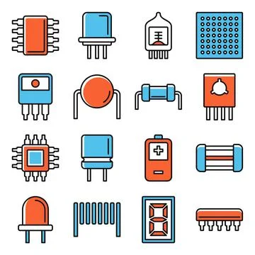 Electronics Components Icons Set on White Background. Vector Stock Illustration