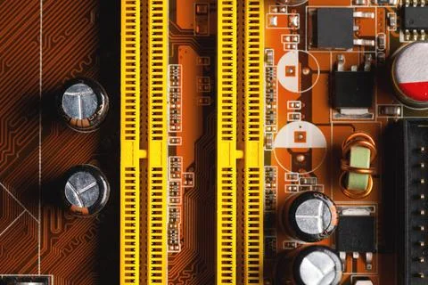 Electronics components on the motherboard of a modern computer with a slot for Foto stock