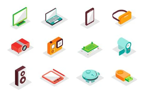 Electronics concept 3d isometric icons set. Pack isometry elements of computer Illustrazione stock