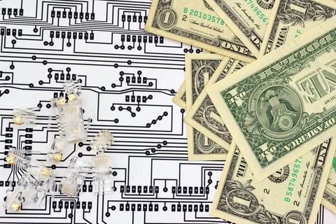 Electronics A concept of expenses on electronic; paper money, jacks and ci... Stock Photos