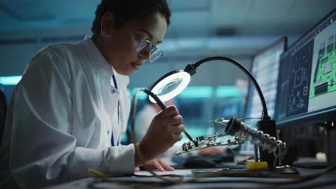 Electronics Development Facility Female Scientist Soldering Motherboard Stockbeeldmateriaal 147041467
