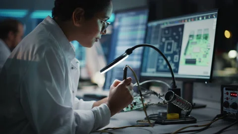 Electronics Development Facility Female Scientist Soldering Motherboard Stock Footage 147041656