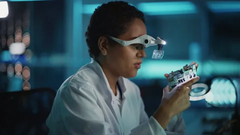 Electronics Development Facility Scientist Inspecting Motherboard Video stock 147048228