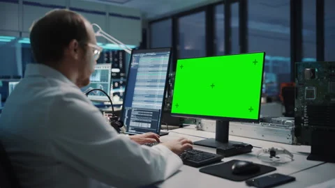 Electronics Development Facility Scientist Working on Green Screen Computer Stock Footage 147048447