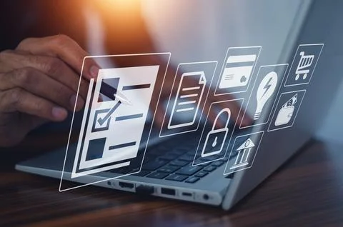 Electronics document icons on computer , E-document management, online docu.. Stock Photos