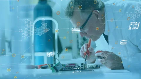 Electronics engineer applying soldering iron to circuit board, causing data Stock Footage 311141137
