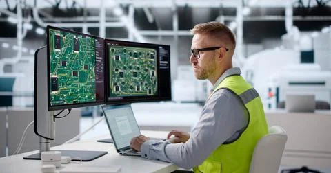 Electronics Engineer Carefully Designs Multilayer PCB Layout Using Advanced S Foto stock