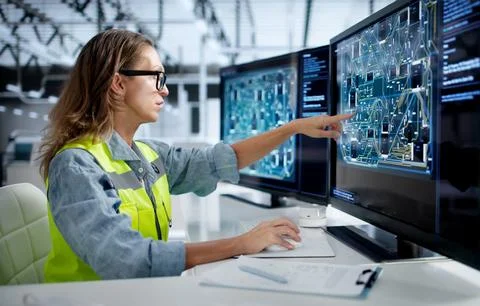 Electronics Engineer Carefully Reviews Multilayer PCB Design On Desktop Compu Fotos Stock