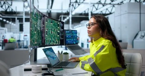 Electronics Engineer Carefully Routes Multilayer PCB Layout Using Computer So Fotos Stock