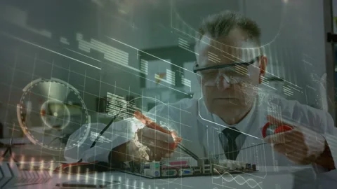 Electronics engineer contacting PCB with red black probes tracking data via Stock Footage 313677328