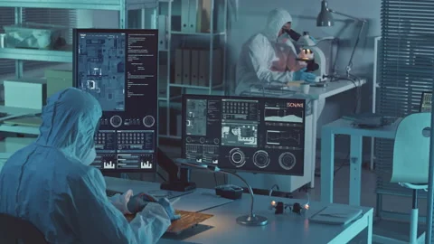 Electronics Engineer Looking at Database on Computer Monitor Stock Footage 195344628