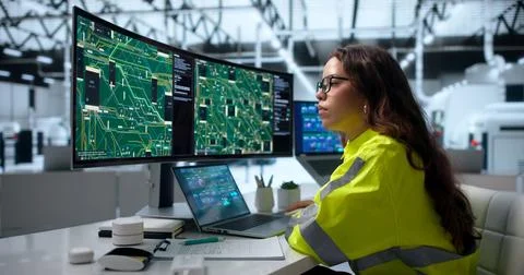 Electronics Engineer Reviews Multilayer PCB Layout Using Complex Software Too Stock Photos