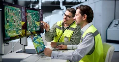 Electronics Engineer Reviews Multilayer PCB Layout On Laptop At Factory. Foto stock