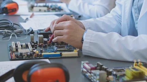 Electronics Engineer Soldering Micro Components on a Circuit Board Stock Footage 320587055