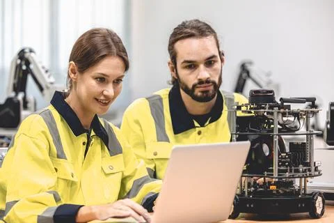 Electronics Engineer Team Works with IOT Robot Checking Source Code and Pro.. Stock Photos