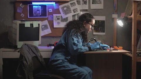 Electronics engineer woman repairing computer part in old service center Stock Footage 236026604
