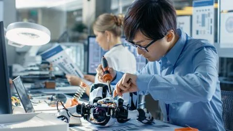 Electronics Engineer Works with Robot, Manipulating its Responses and Checkin 写真素材