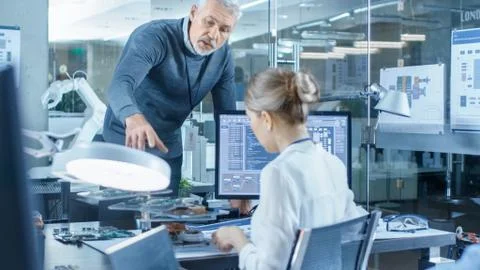 Electronics Engineer Works with Robot, Manipulating its Responses Laptop 写真素材