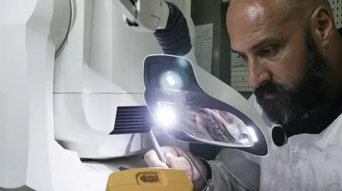 Electronics Engineer Works with on Robot. Stock Photos