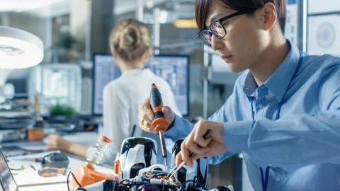 Electronics Engineer Works with Robot, Soldering Wires and Circuits. Stock Photos