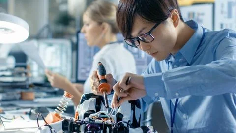 Electronics Engineer Works with Robot, Soldering Wires and Circuits. 写真素材