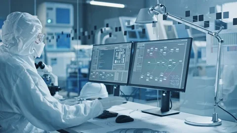 Electronics Factory Cleanroom: Engineer / Scientist in Coveralls Wors on PC Stock Footage 126151654