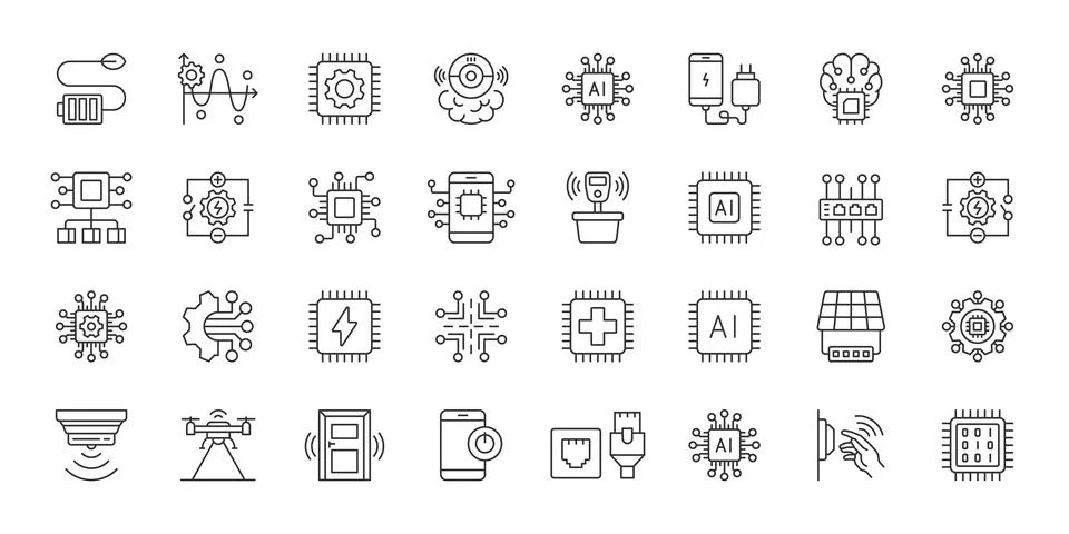 Electronics icons in line design. electronics, technology, circuit, hardware 库存插图