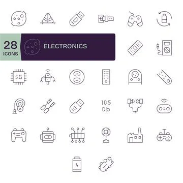 Electronics including 32 Retina Ready Thin Line Vector Illustrations Stock Illustration