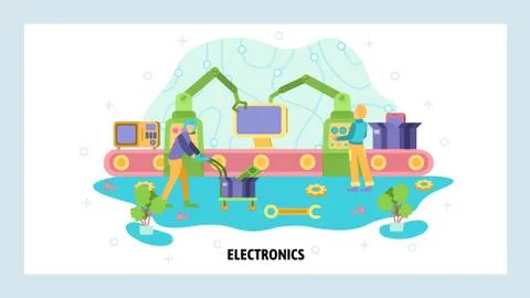 Electronics industry production line. Robot arm, industrial conveyor, automation Illustrazione stock