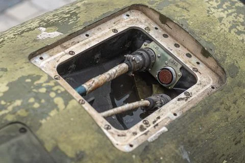 Electronics inside a russian missile Point U. Military connector with a thick Stock Photos