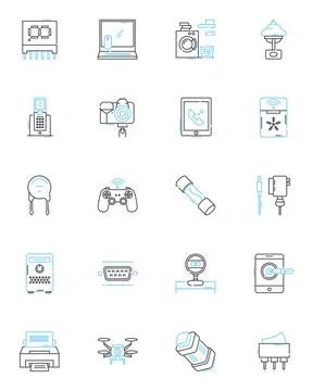 Electronics linear icons set. Gadgets, Devices, Technology, Innovation, Robotics Stock Illustration
