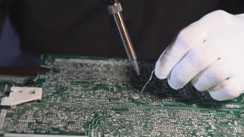 Electronics Maintenance Engineer Soldering Motherboard, Microchip and Circuit Video stock 112557652