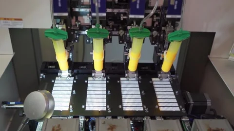 Electronics manufacturing, automation, high-tech board assembly. Modern LED Video stock 318167455