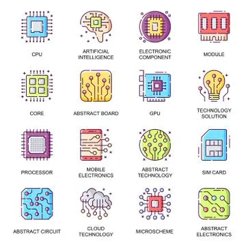 Electronics parts flat icons set. Stockillustratie