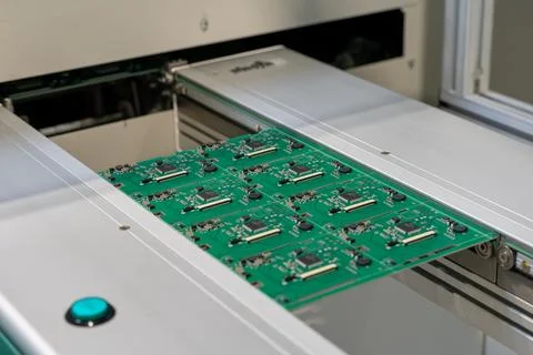 Electronics PCB board on the assembly SMT line conveyor Stock Photos