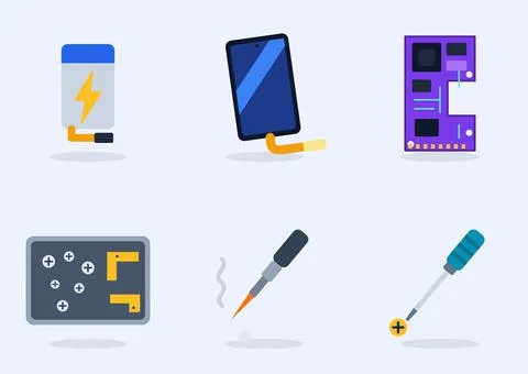 Electronics repair flat design icon set with power bank, smartphone charging Stock Illustration