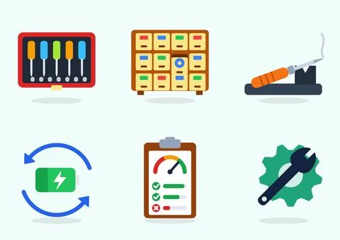 Electronics repair flat icon set with screwdriver kit, parts drawer cabinet, Stock Illustration