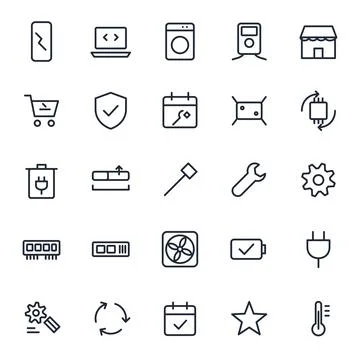 Electronics repair line icon set of twenty five outline symbols with cracked Stock Illustration