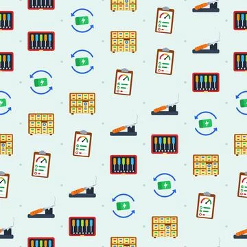 Electronics repair seamless pattern with screwdriver sets, parts cabinets, Stock Illustration