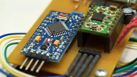 Electronics repair. Small electronic circuit with burning red LED light bulb Stock Footage 276388896