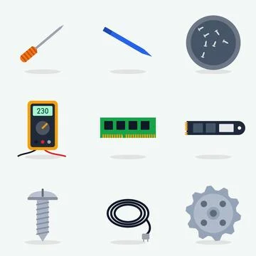 Electronics repair tools and components flat icon set with screwdriver, spudger, Stock Illustration
