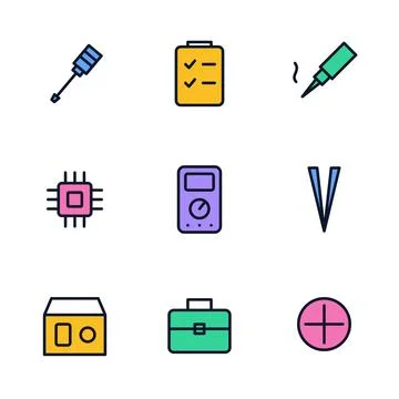 Electronics repair tools icon set with screwdriver, soldering iron, tweezers, Stock Illustration