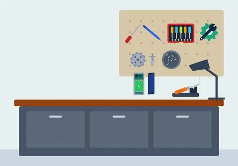 Electronics repair workshop vector illustration in flat design with workbench, Stock Illustration
