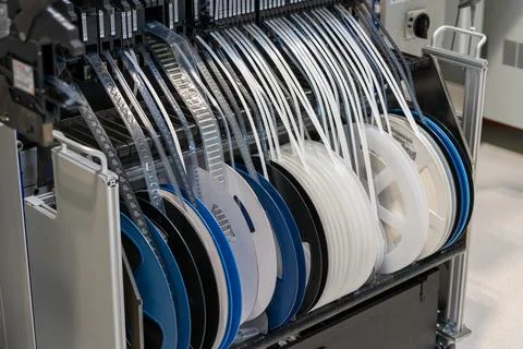 Electronics SMT reel components on the assembly line Stock Photos
