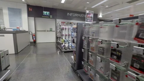 Electronics Store Aisle With Memory Cards and Retail Display Shelves Stock Footage 340632810